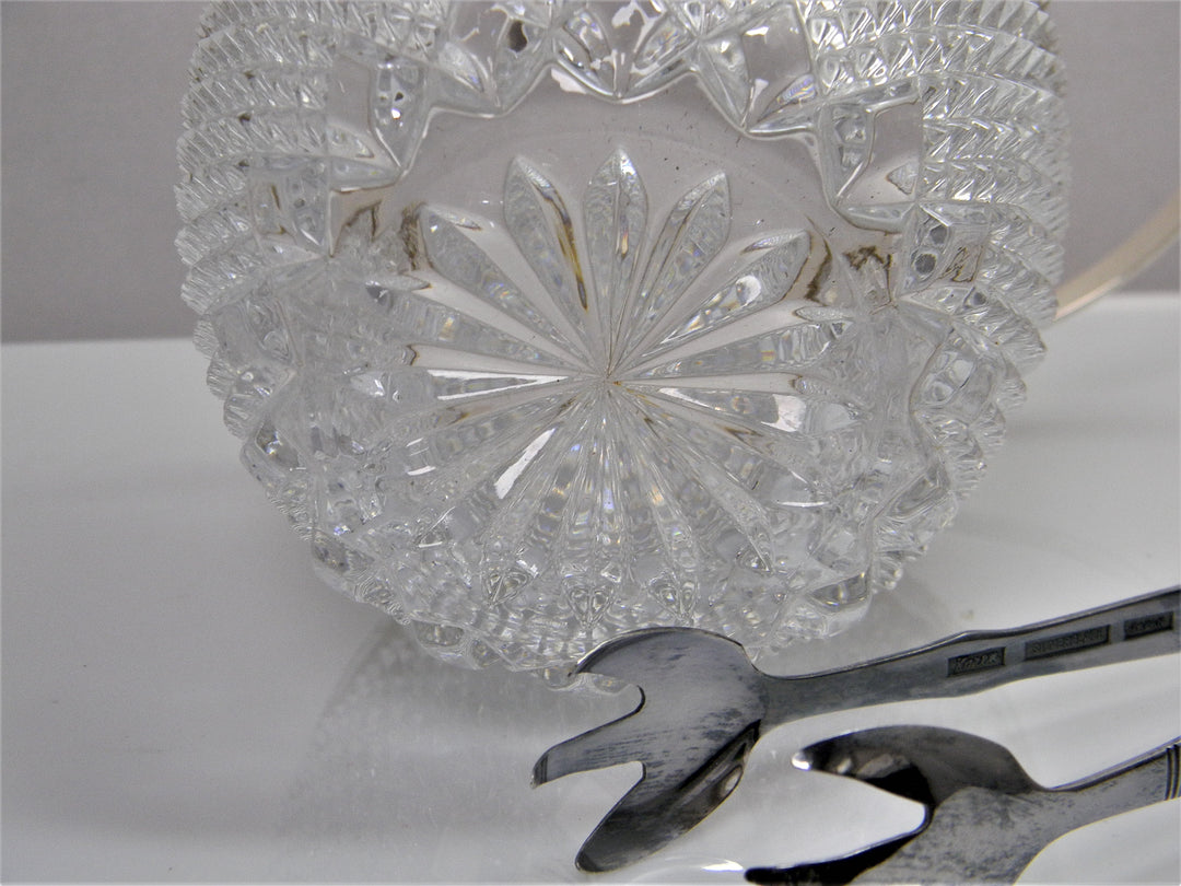 h703 Stunning Vintage Cut Crystal Ice Bucket with Silver Plate Tongs and Trim