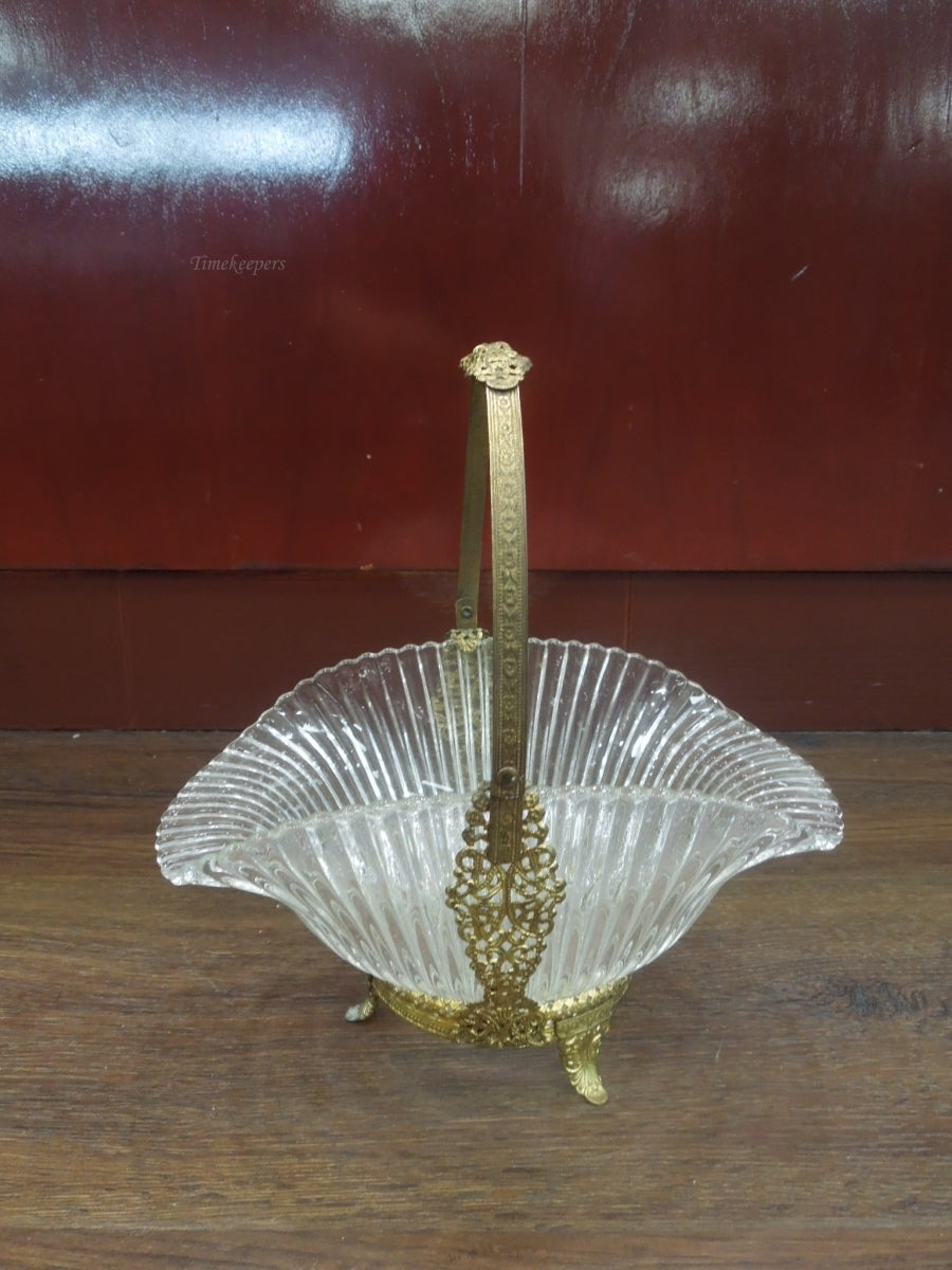 r600 Antique French Ribbed Glass & Ormolu Basket / Vintage Glass Bridal Basket with Brass Metal Handle / French Rococo Basket/Flower Footed Basket