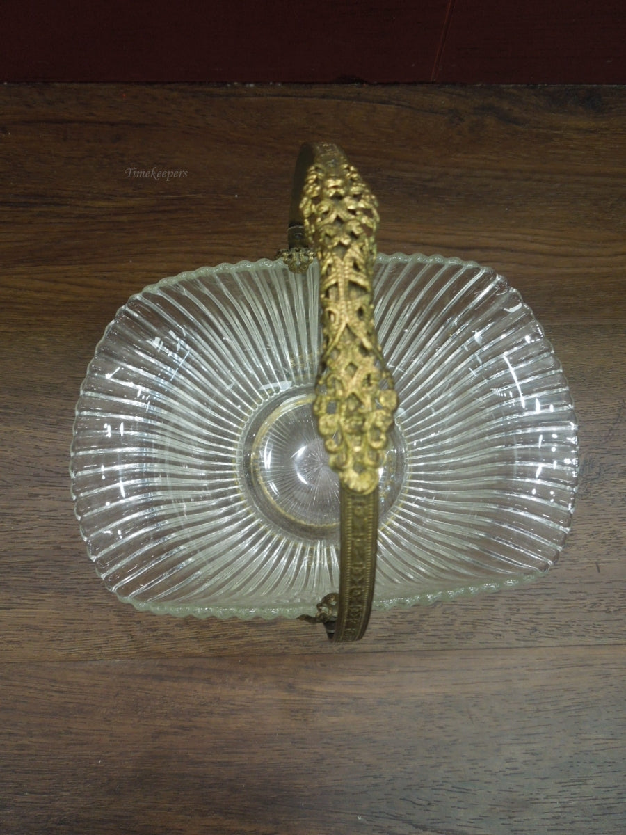 r600 Antique French Ribbed Glass & Ormolu Basket / Vintage Glass Bridal Basket with Brass Metal Handle / French Rococo Basket/Flower Footed Basket