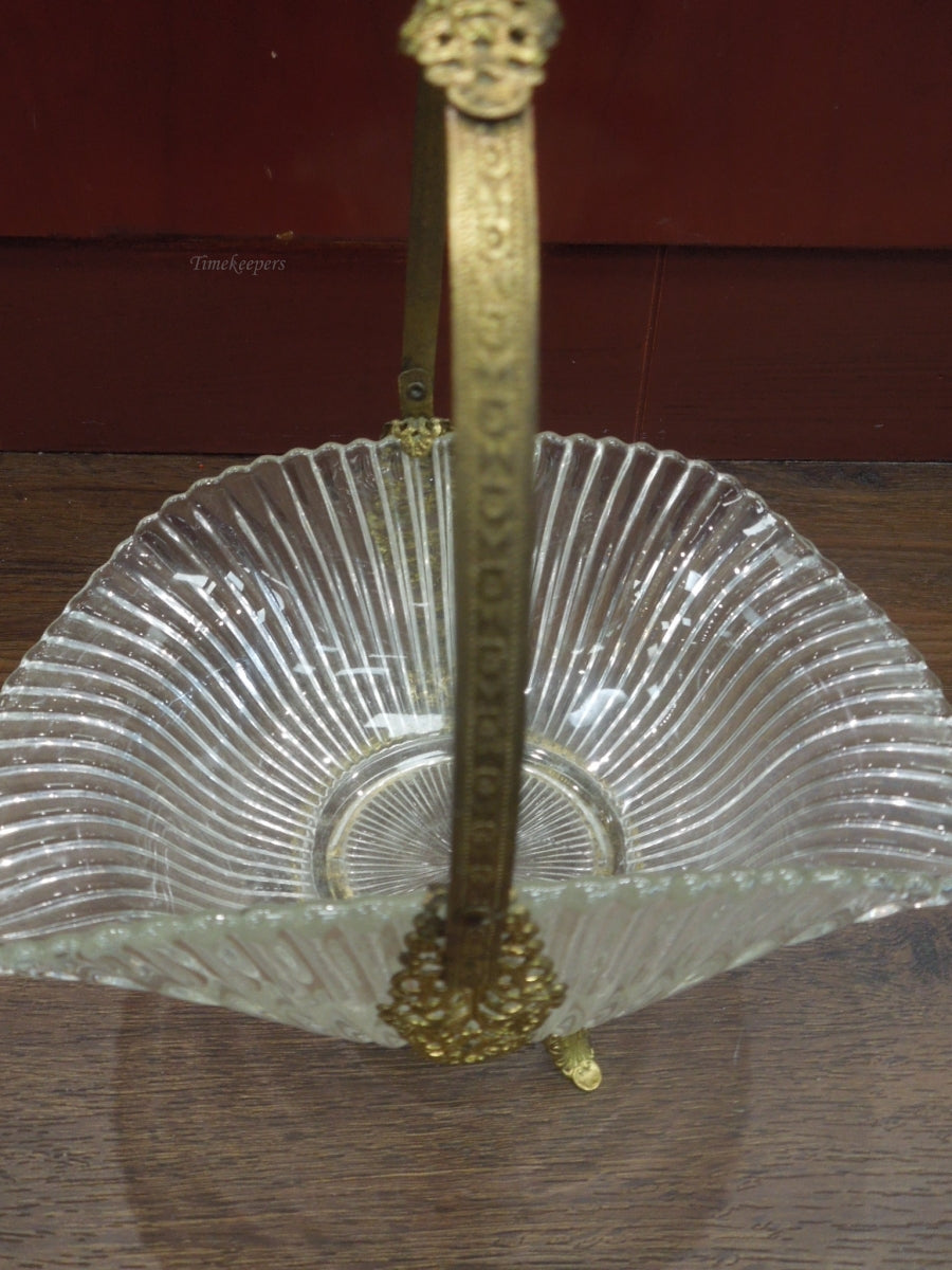 r600 Antique French Ribbed Glass & Ormolu Basket / Vintage Glass Bridal Basket with Brass Metal Handle / French Rococo Basket/Flower Footed Basket