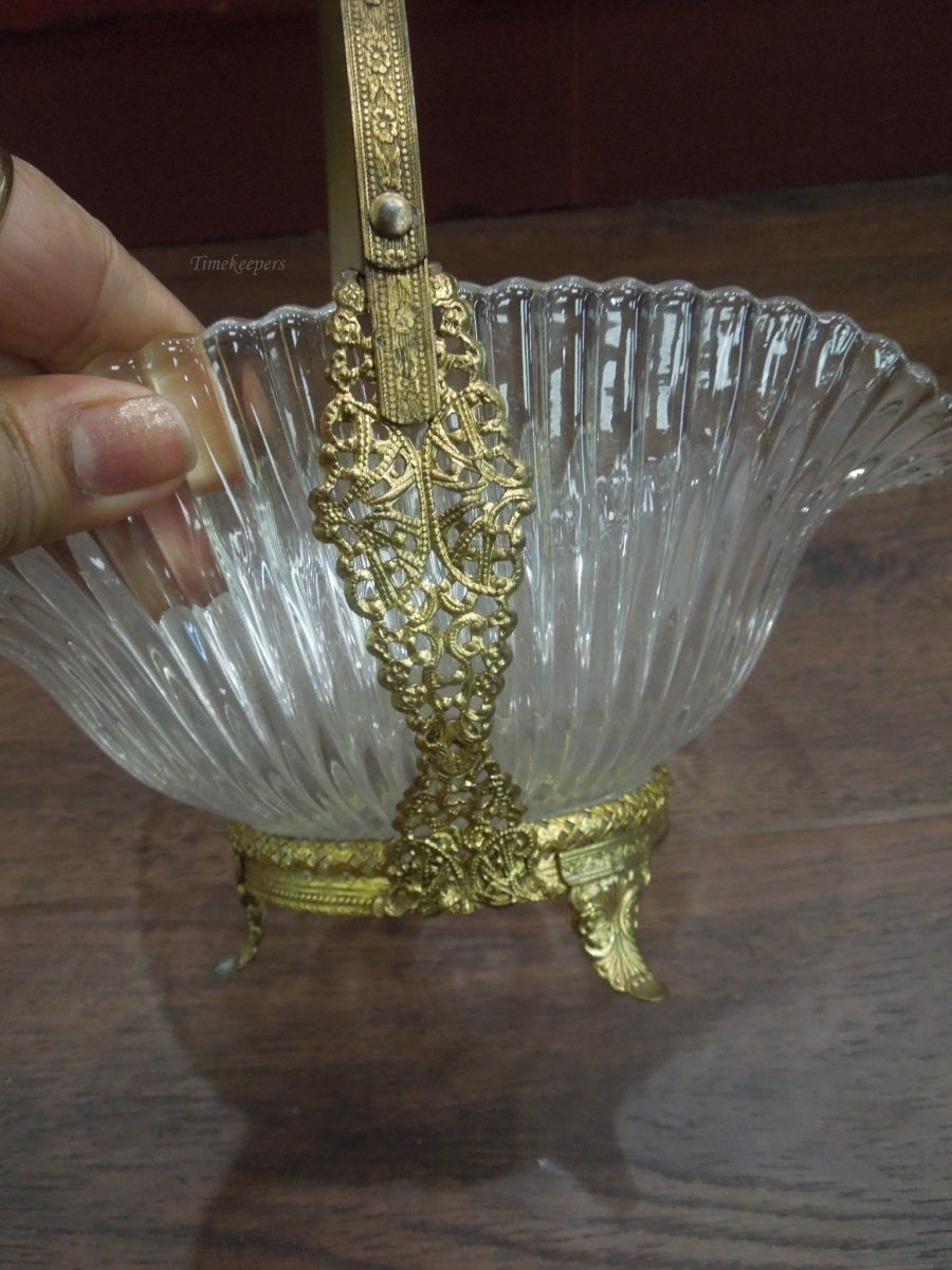 r600 Antique French Ribbed Glass & Ormolu Basket / Vintage Glass Bridal Basket with Brass Metal Handle / French Rococo Basket/Flower Footed Basket