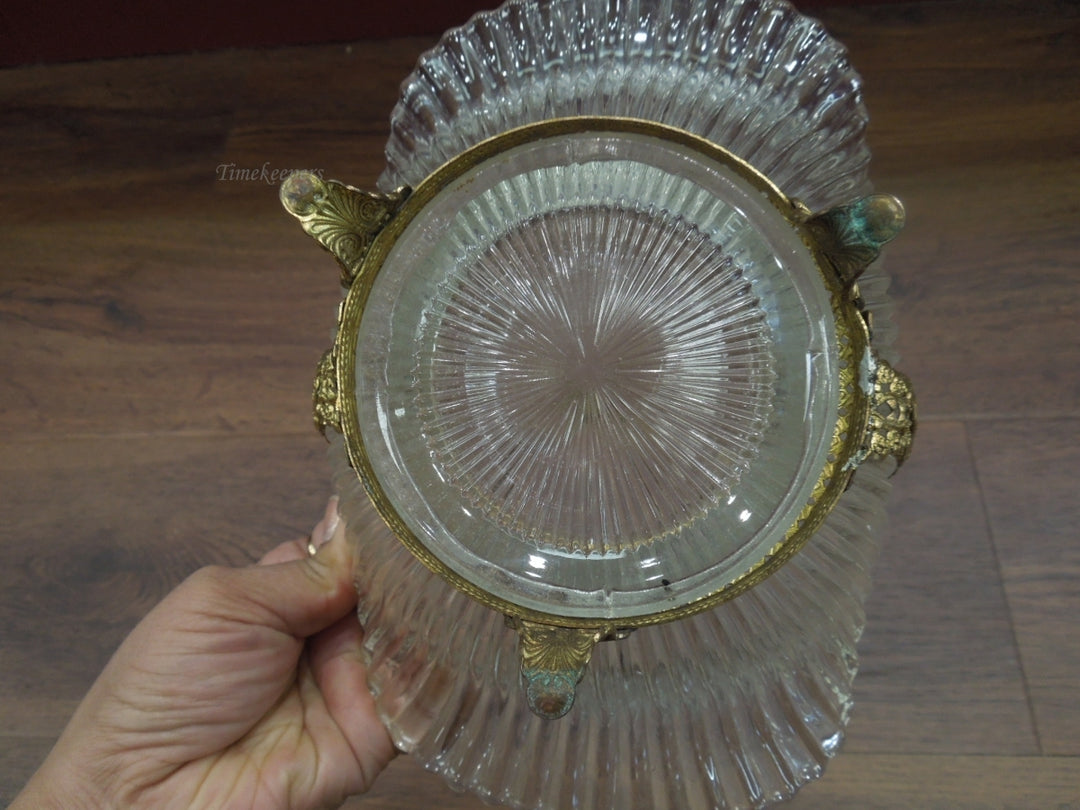 r600 Antique French Ribbed Glass & Ormolu Basket / Vintage Glass Bridal Basket with Brass Metal Handle / French Rococo Basket/Flower Footed Basket