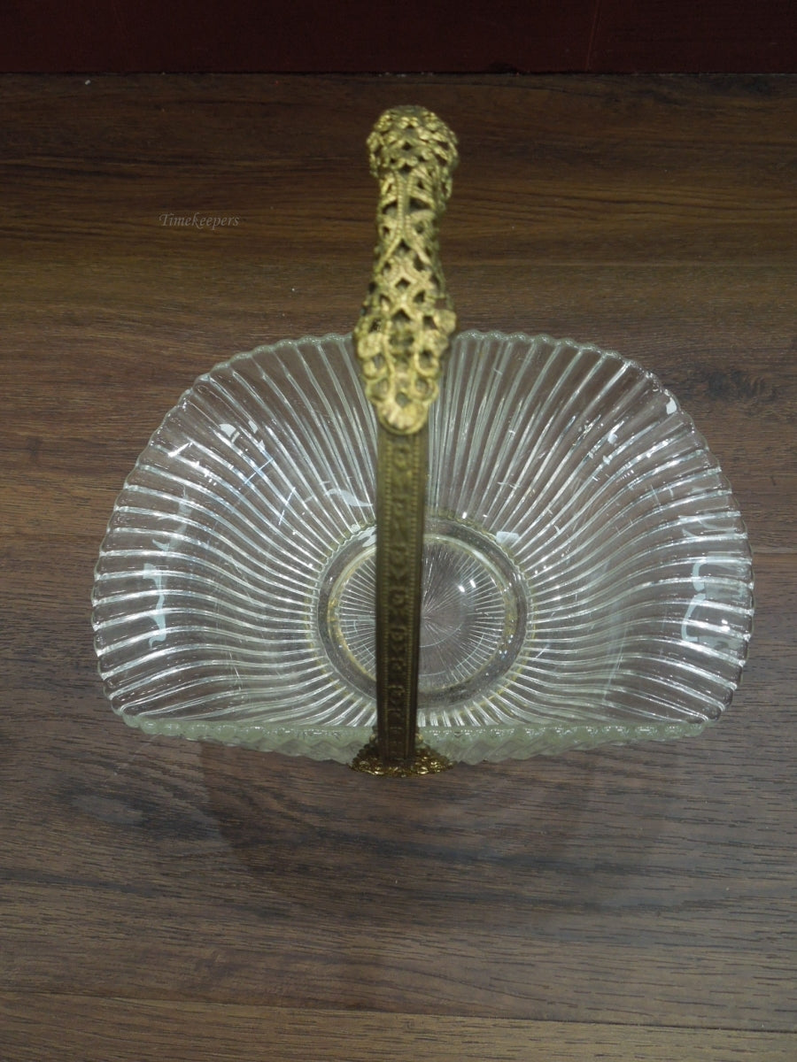 r600 Antique French Ribbed Glass & Ormolu Basket / Vintage Glass Bridal Basket with Brass Metal Handle / French Rococo Basket/Flower Footed Basket