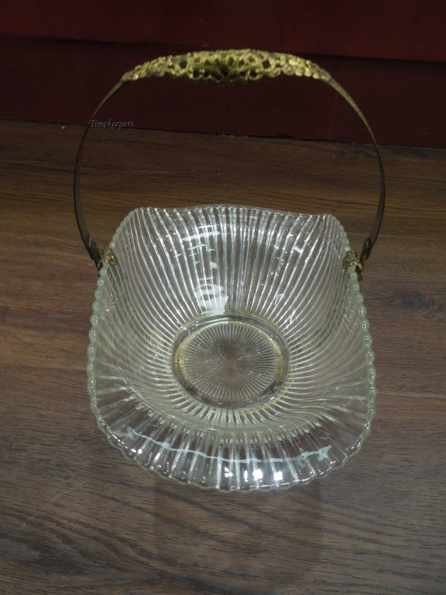r600 Antique French Ribbed Glass & Ormolu Basket / Vintage Glass Bridal Basket with Brass Metal Handle / French Rococo Basket/Flower Footed Basket