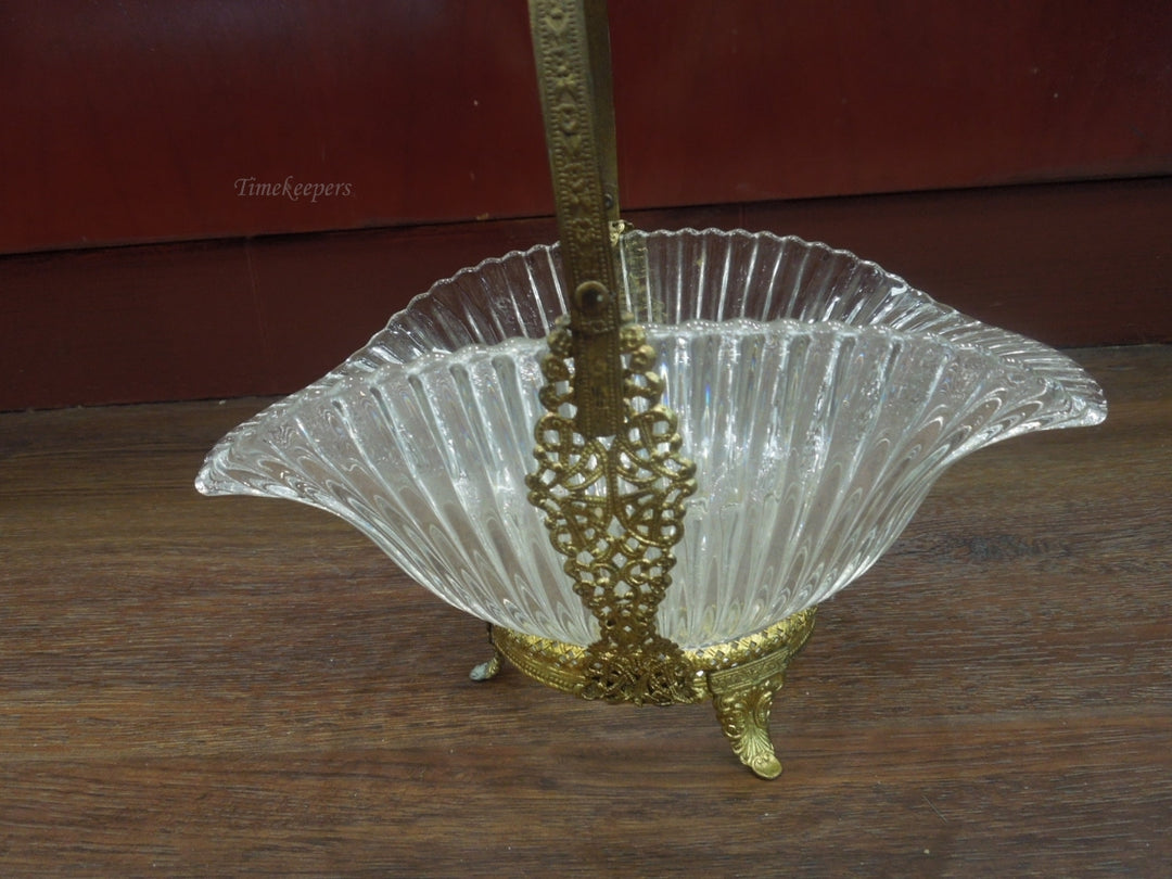 r600 Antique French Ribbed Glass & Ormolu Basket / Vintage Glass Bridal Basket with Brass Metal Handle / French Rococo Basket/Flower Footed Basket