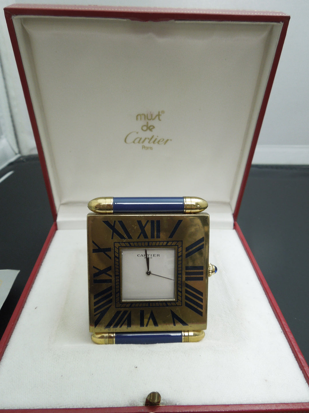 b872 Small Cartier Travel Alarm Clock with Box and Pouch