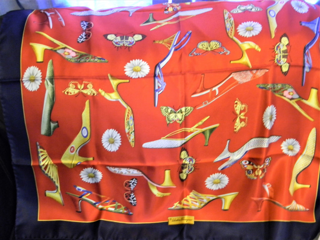 h733 Vintage Rare Salvatore Ferragamo 100% Silk Scarf Shoes &amp; Butterflies