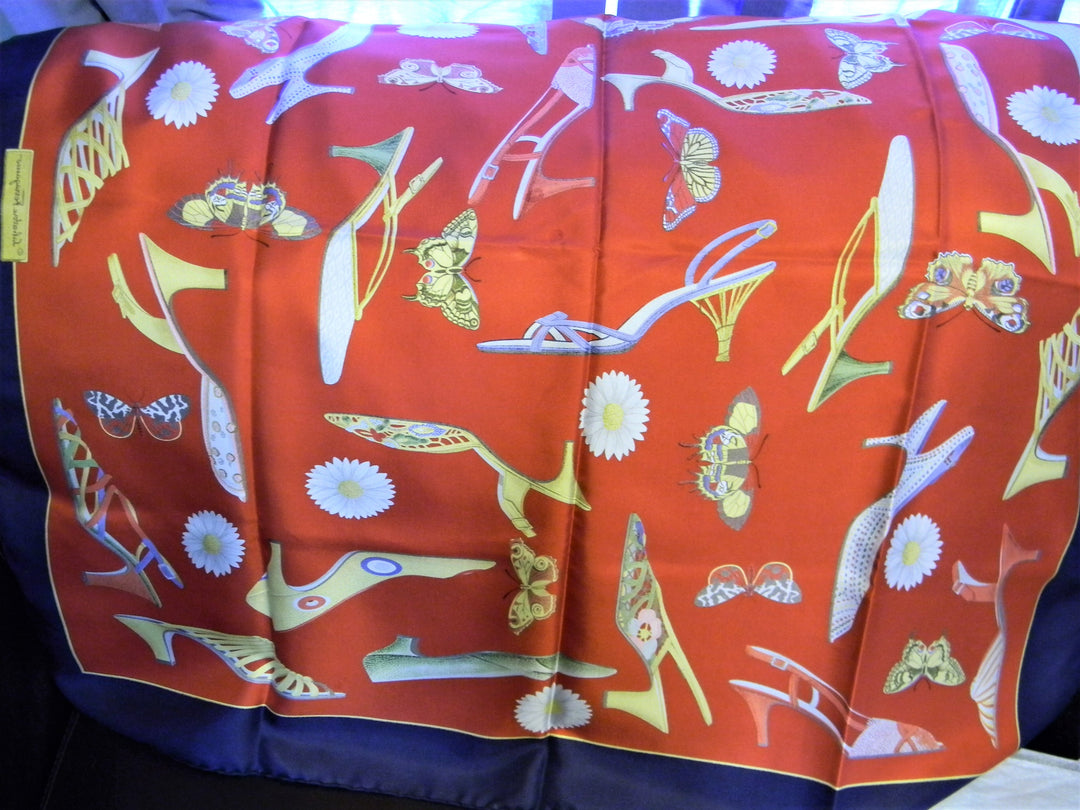 h733 Vintage Rare Salvatore Ferragamo 100% Silk Scarf Shoes &amp; Butterflies