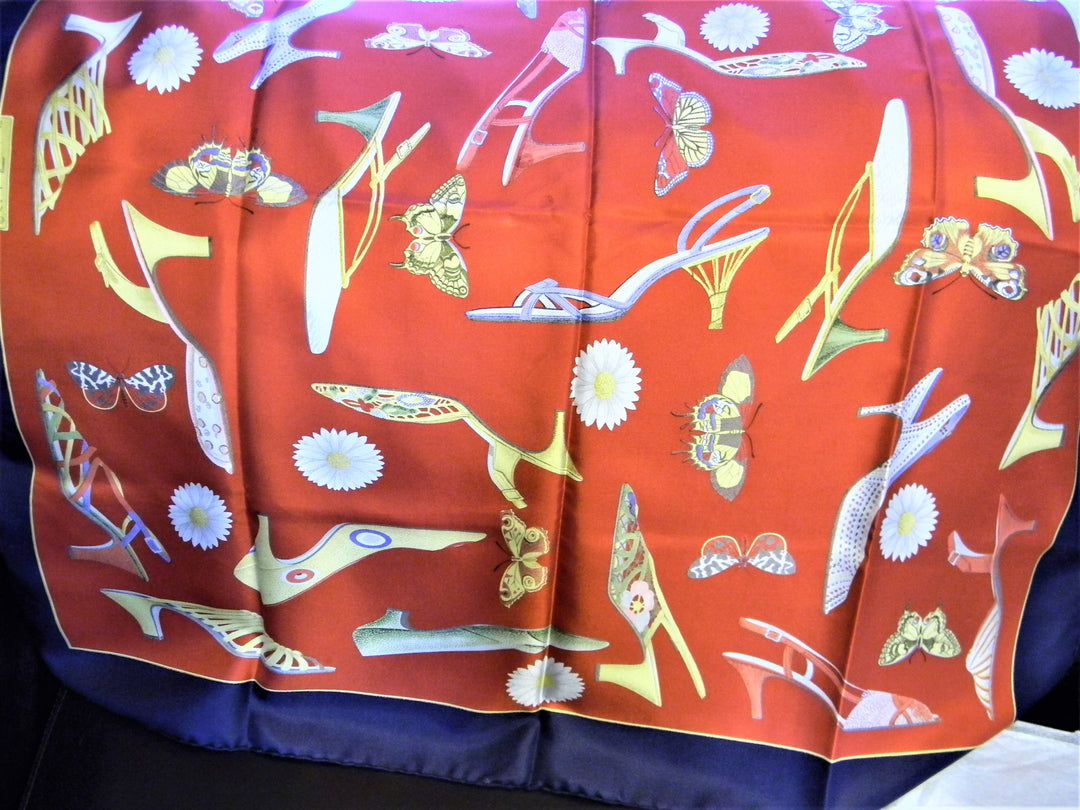 h733 Vintage Rare Salvatore Ferragamo 100% Silk Scarf Shoes &amp; Butterflies