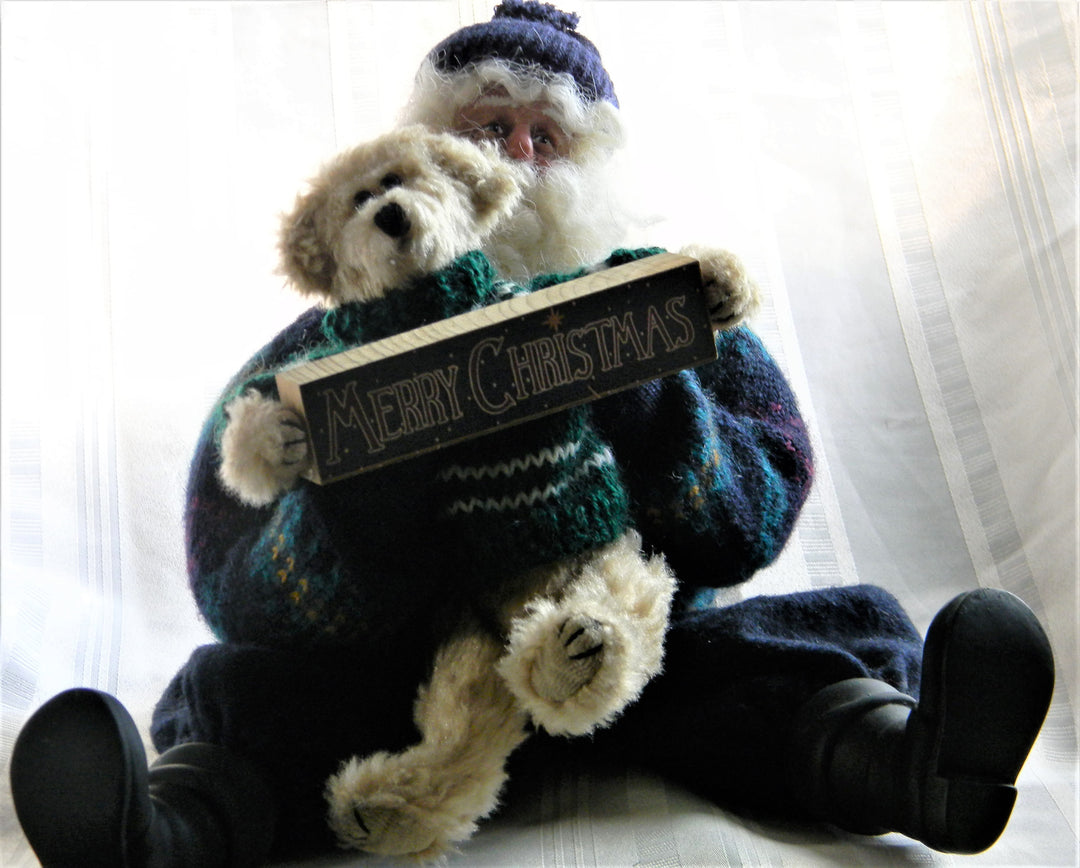 h739 Fun Stuffed Christmas Santa with Teddy Bear and Sign Merry Christmas