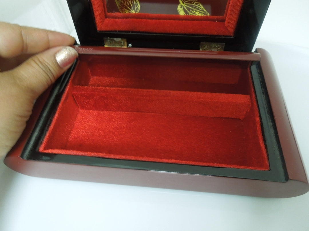 r684 Wooden Box with Hinged Lid and Latched Mirror Inside Red Velvet lining Storage Box with Lid - Wooden Keepsake