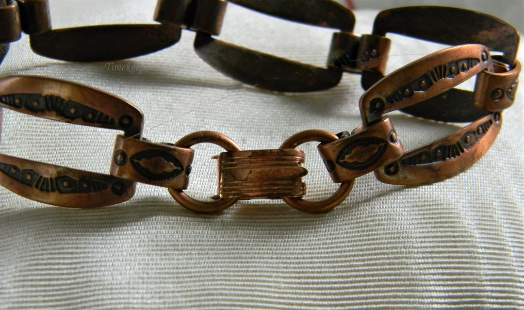 h756 Beautiful Unique Vintage Copper Rectangle Link Bracelet with Embossed Design