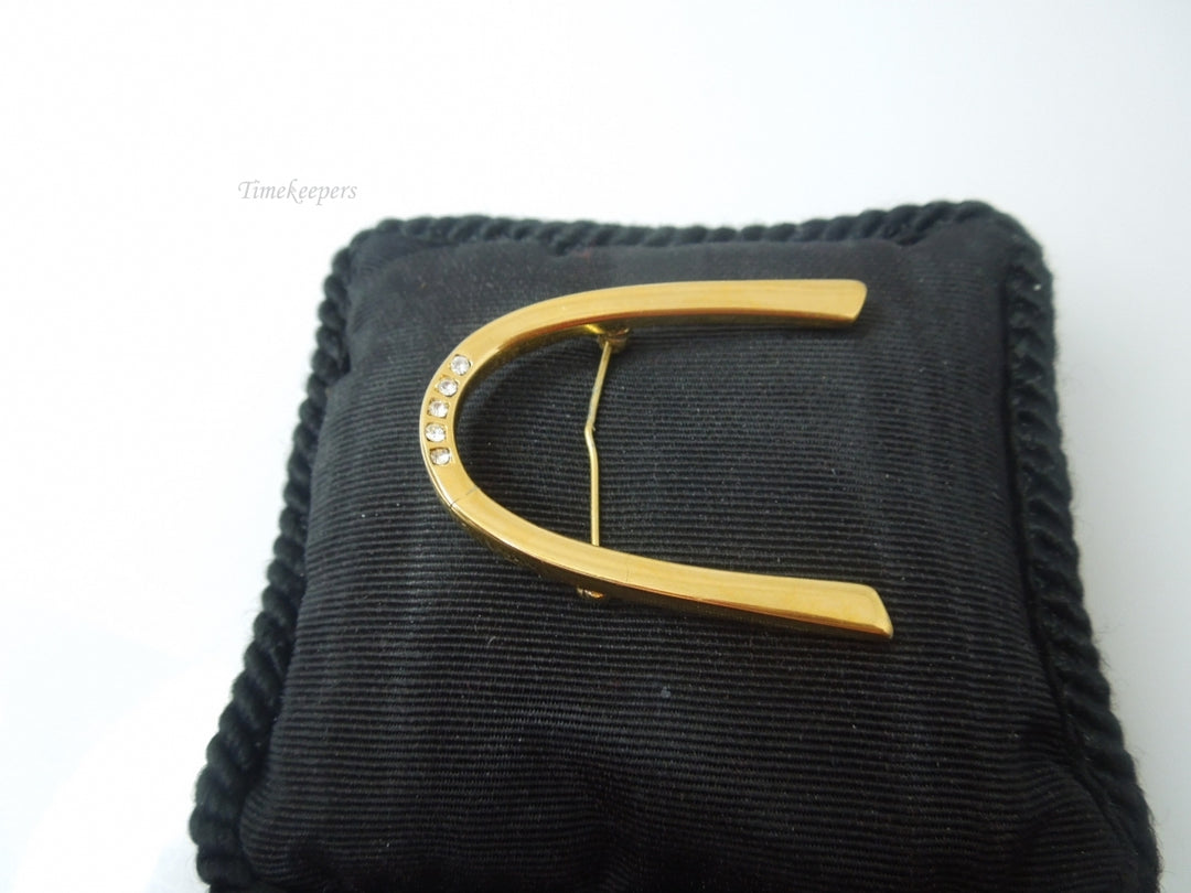 q381 Vintage Monet Gold Arch Brooch Pin 5 Rhinestones St. Saint Louis Boomerang 2"