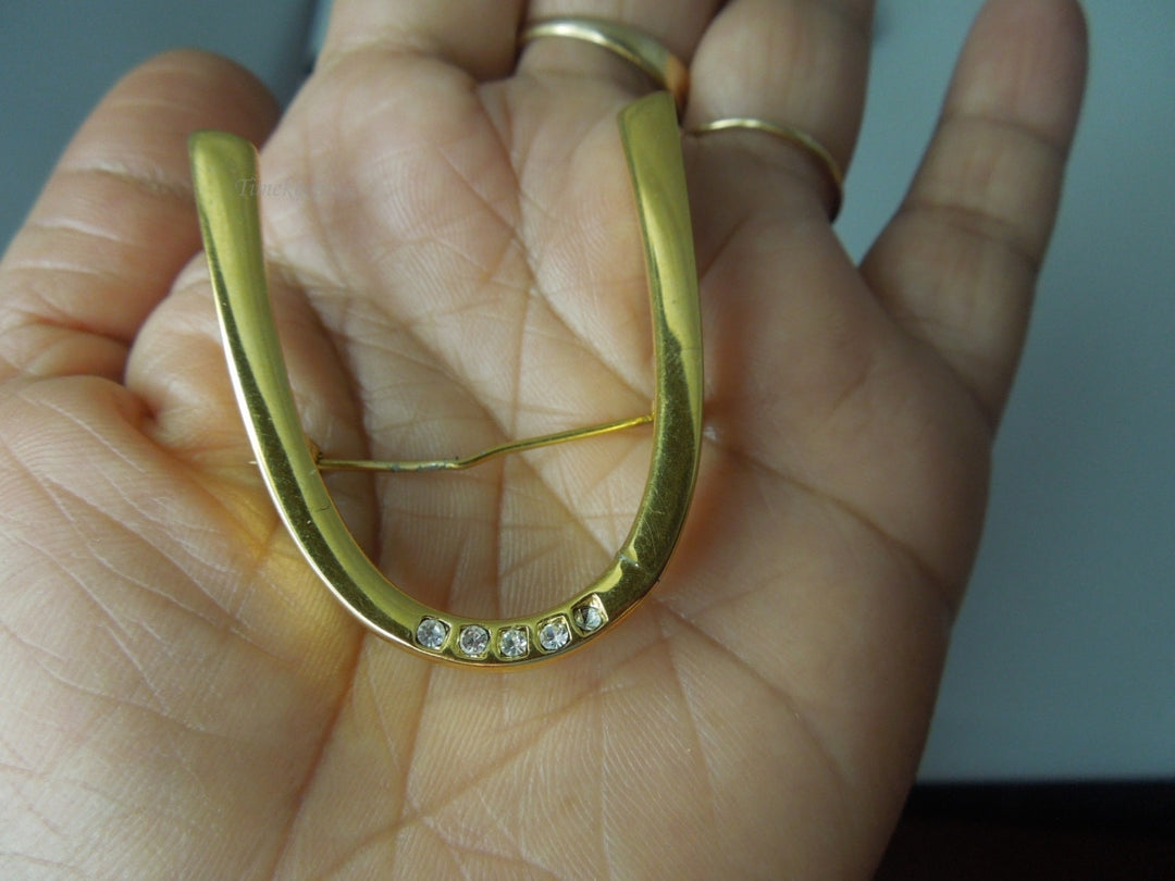 q381 Vintage Monet Gold Arch Brooch Pin 5 Rhinestones St. Saint Louis Boomerang 2"