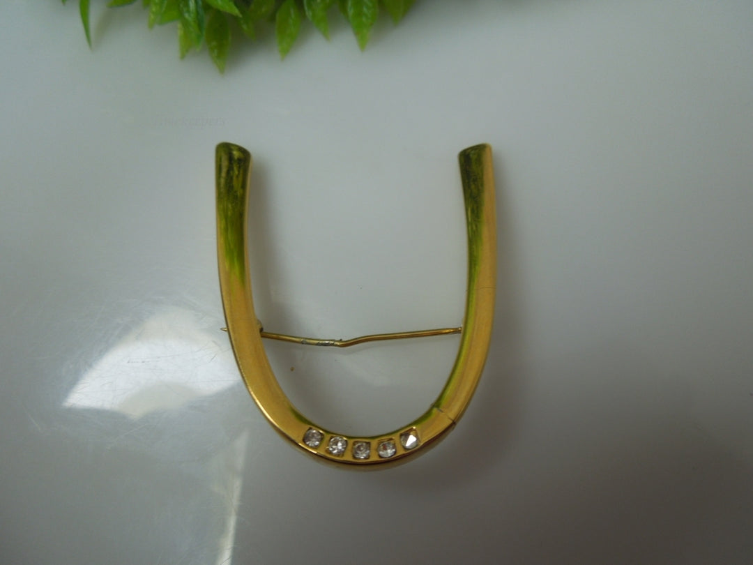 q381 Vintage Monet Gold Arch Brooch Pin 5 Rhinestones St. Saint Louis Boomerang 2"