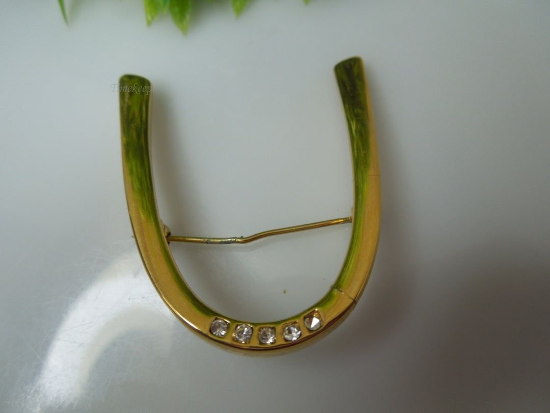 q381 Vintage Monet Gold Arch Brooch Pin 5 Rhinestones St. Saint Louis Boomerang 2"