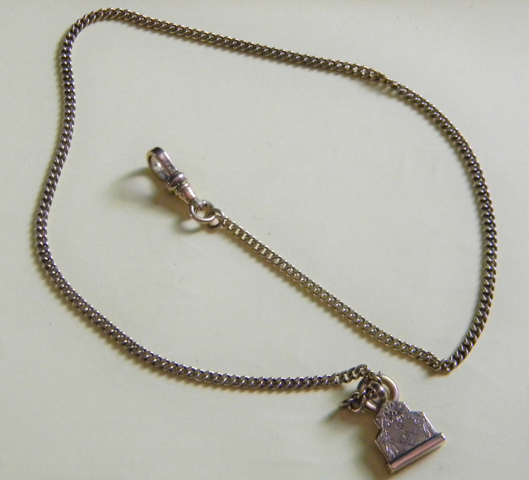 h786 Vintage Gold Filled Pocket Watch Chain with Masonic Engraved Charm