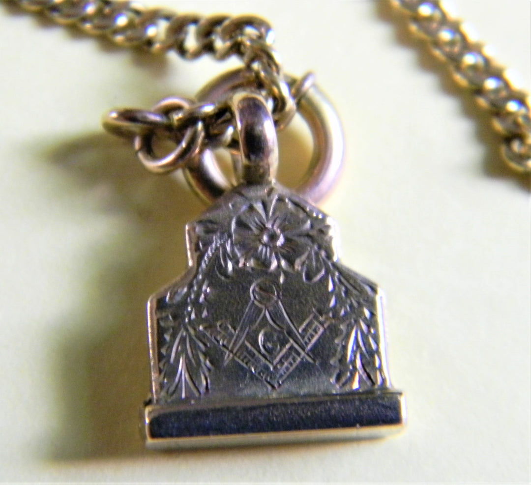 h786 Vintage Gold Filled Pocket Watch Chain with Masonic Engraved Charm