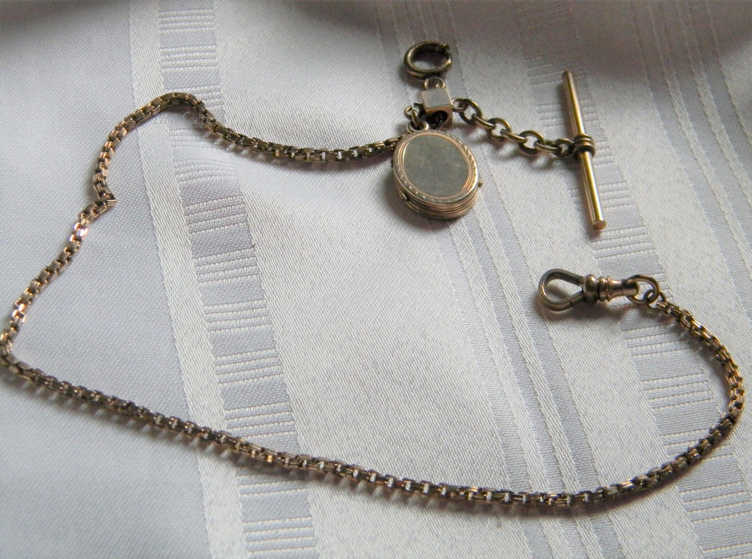 h793 Vintage Gold Filled Pocket Watch Square Link Chain with Slide and Locket