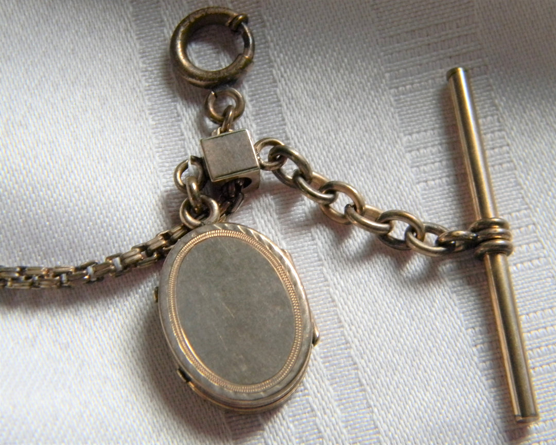 h793 Vintage Gold Filled Pocket Watch Square Link Chain with Slide and Locket