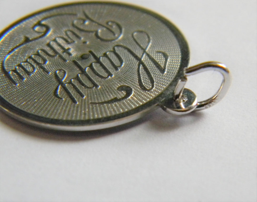 h815 Cute Sterling Silver Round Charm or Pendant with Happy Birthday Embossed