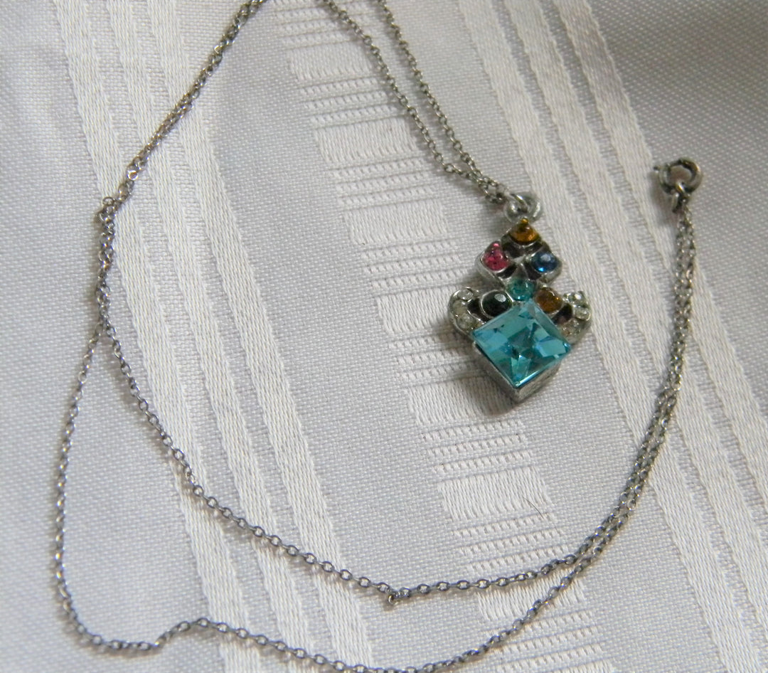 H830 Unique Silver tone Pendant with Glass Stones on Sterling Silver Chain