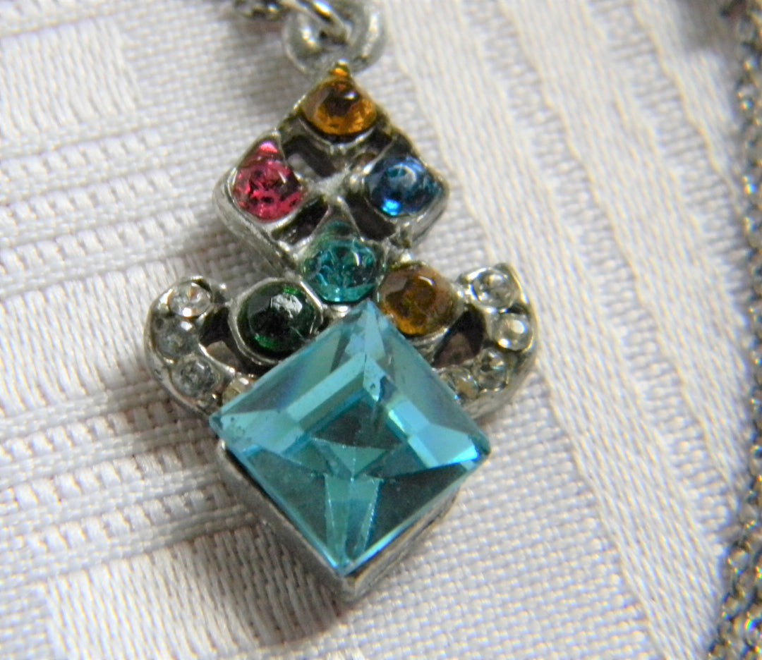 H830 Unique Silver tone Pendant with Glass Stones on Sterling Silver Chain