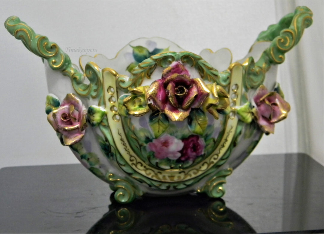 h840 Beautiful Vintage Porcelain Bowl with handles and Flowers