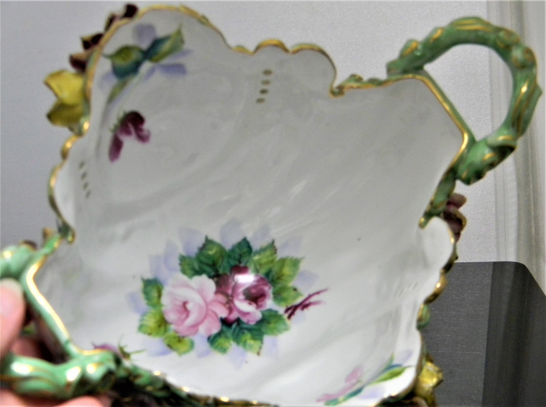 h840 Beautiful Vintage Porcelain Bowl with handles and Flowers