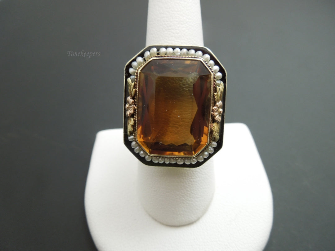 b967 Antique 14kt Yellow Gold Citrine and Seed Pearl Ring Size 8.5
