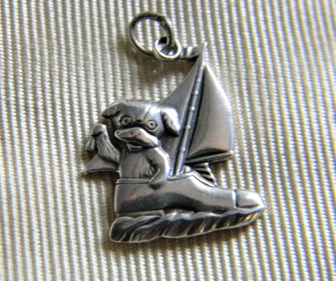 h864 Cute Vintage Sterling Silver Bear in a Shoe Boat Charm or Pendant Embossed