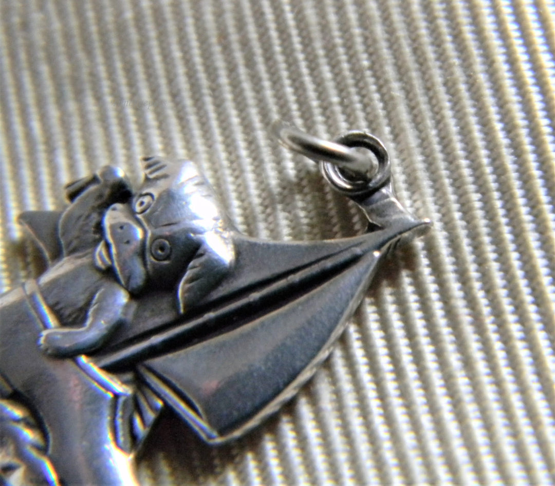 h864 Cute Vintage Sterling Silver Bear in a Shoe Boat Charm or Pendant Embossed