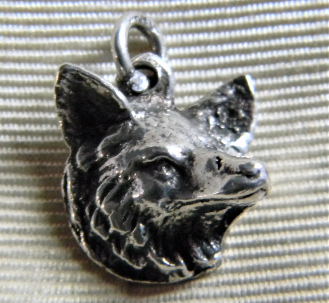h867 Cute Vintage Sterling Silver Wolf or Dog Head Charm or Pendant