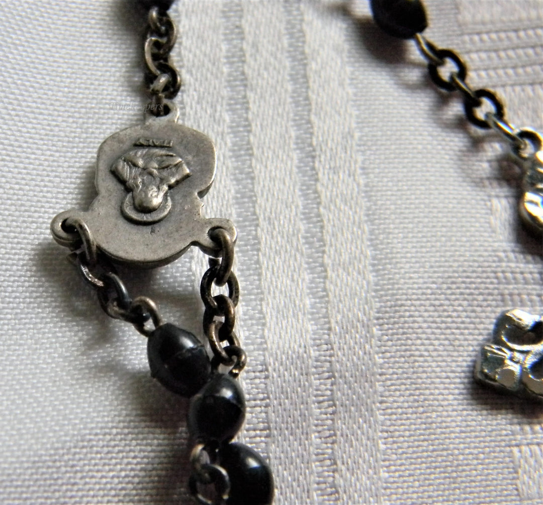 h881 Vintage Rosary with Black Metal Beads Cross Virgin Mother in Silver tone