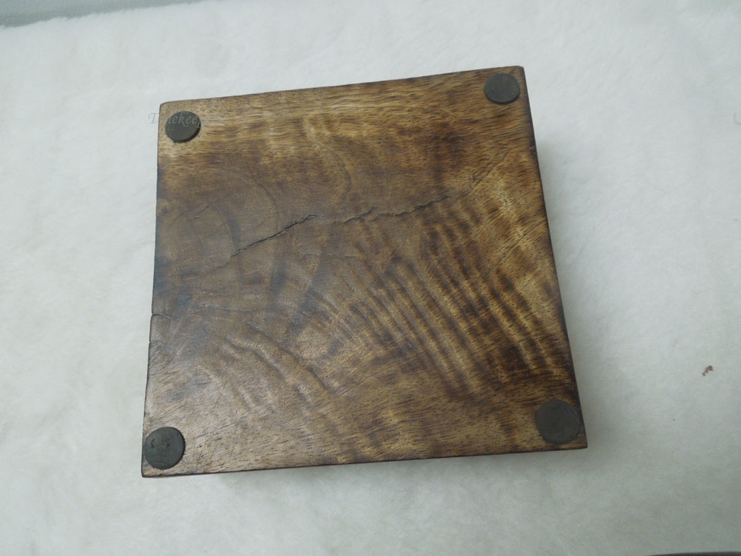 q555 Vintage Wood Hand Carved Floral Inlay Jewelry Trinket Box