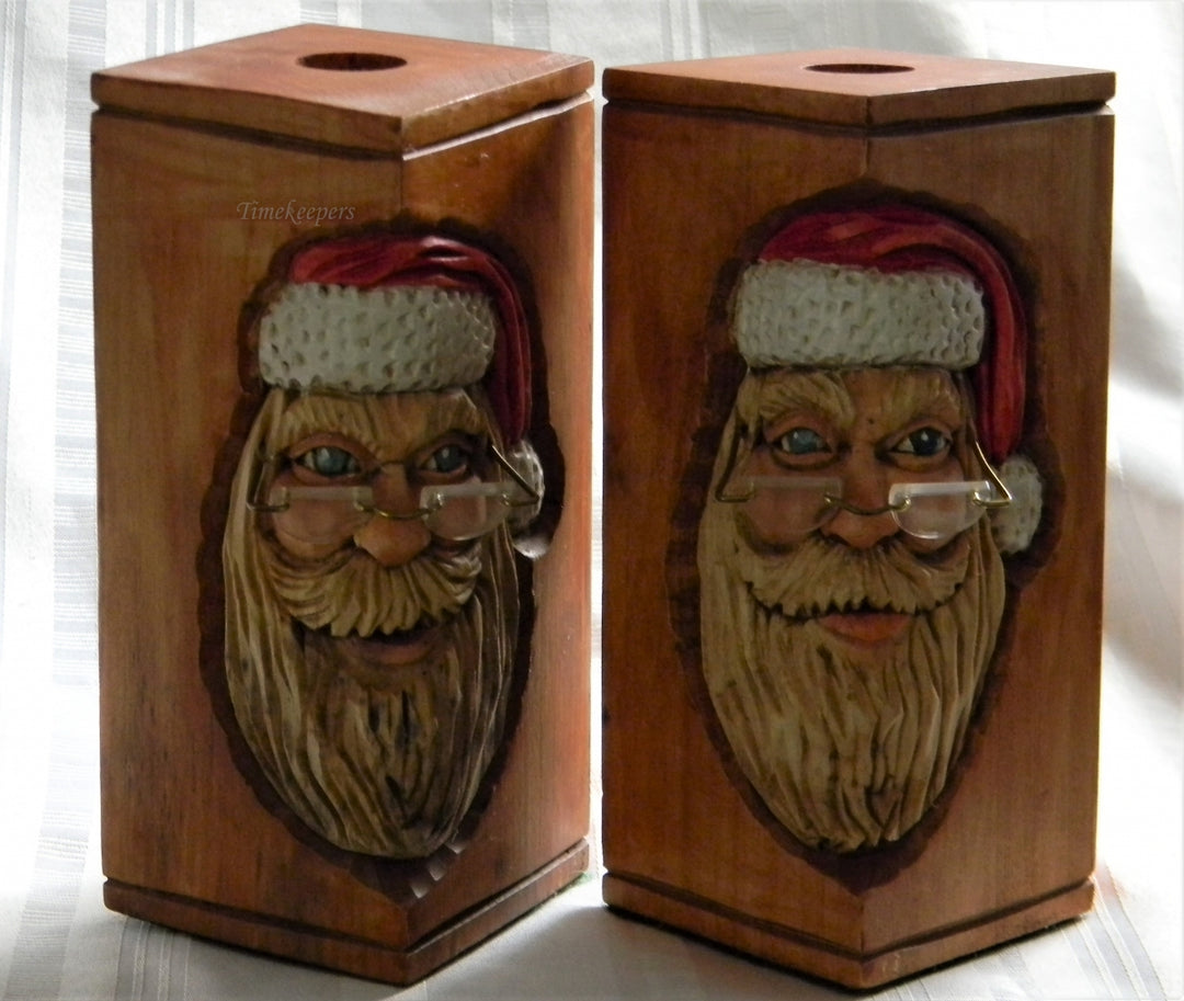 h898 Great Older Hand carved Wood Santa Claus Square Candle Holders