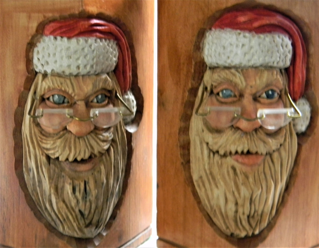 h898 Great Older Hand carved Wood Santa Claus Square Candle Holders
