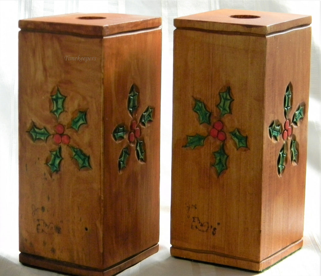 h898 Great Older Hand carved Wood Santa Claus Square Candle Holders
