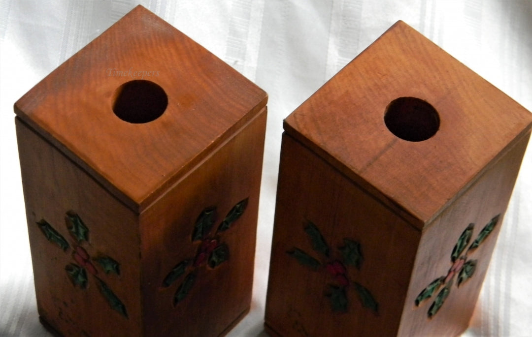 h898 Great Older Hand carved Wood Santa Claus Square Candle Holders