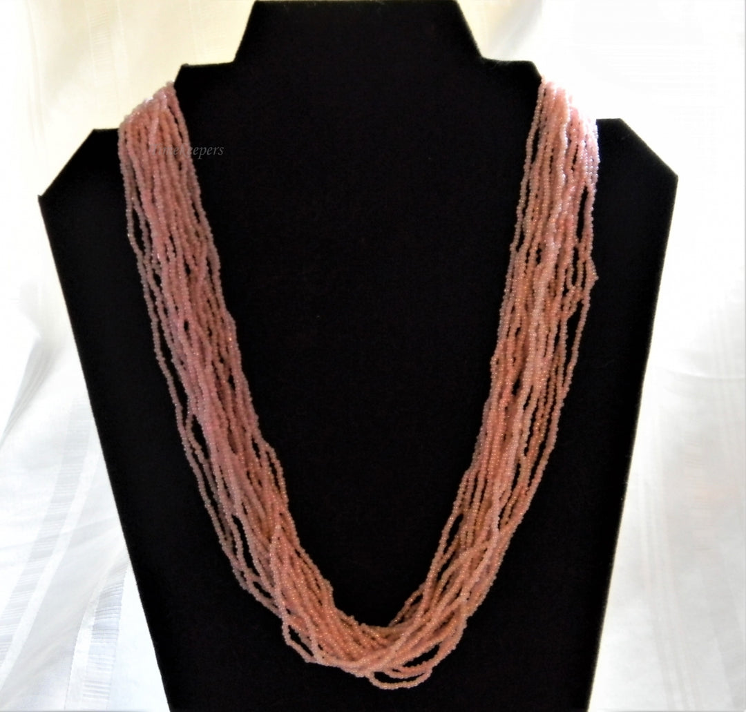 h924 Beautiful Retro Multi Strand Pink Beaded Necklace with Silver Tone Findings