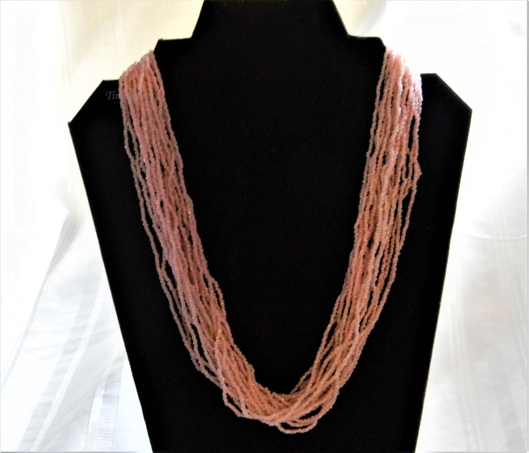 h924 Beautiful Retro Multi Strand Pink Beaded Necklace with Silver Tone Findings