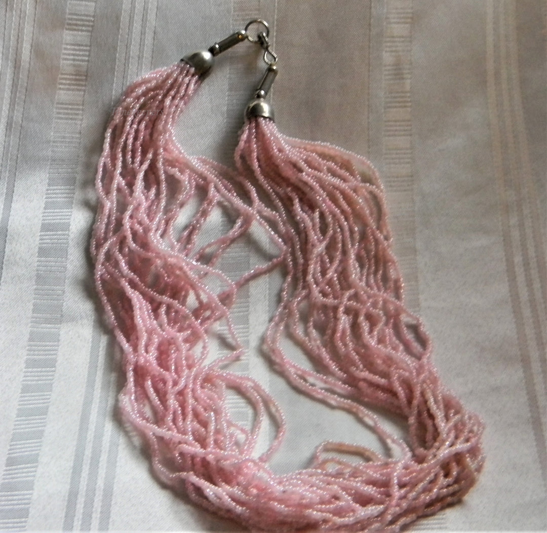 h924 Beautiful Retro Multi Strand Pink Beaded Necklace with Silver Tone Findings
