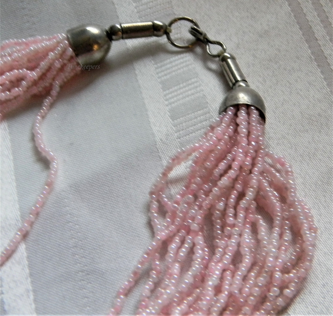h924 Beautiful Retro Multi Strand Pink Beaded Necklace with Silver Tone Findings