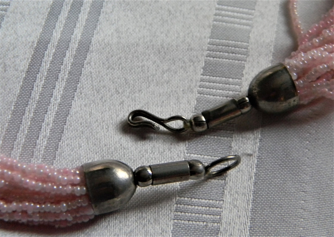 h924 Beautiful Retro Multi Strand Pink Beaded Necklace with Silver Tone Findings