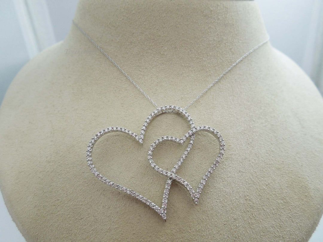 g555 Stunning Ladies 14kt White Gold Double Heart Diamond Pendant Necklace