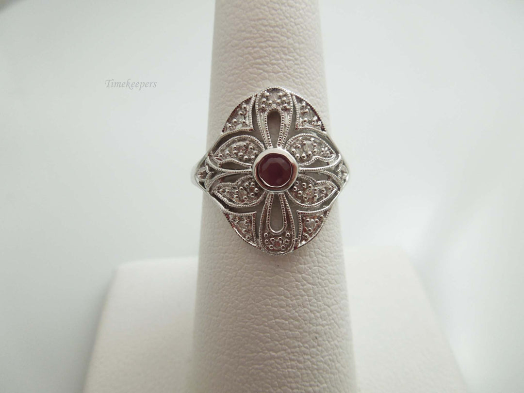 g568 Beautiful Ladies 10kt White Gold Ruby and Diamond Edwardian Era Style Ring