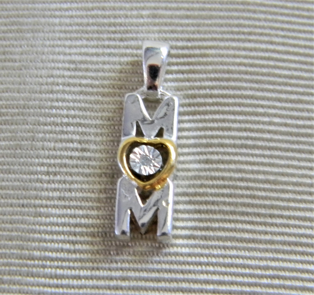 h941 Sterling Silver Mom Pendant w/ Gold Plate Heart and Small Stone (NO CHAIN)