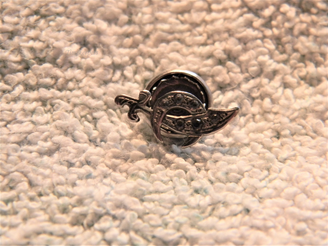 j731 Vintage Silver Tone Crescent Shriners Lapel Hat Pin with White Stones