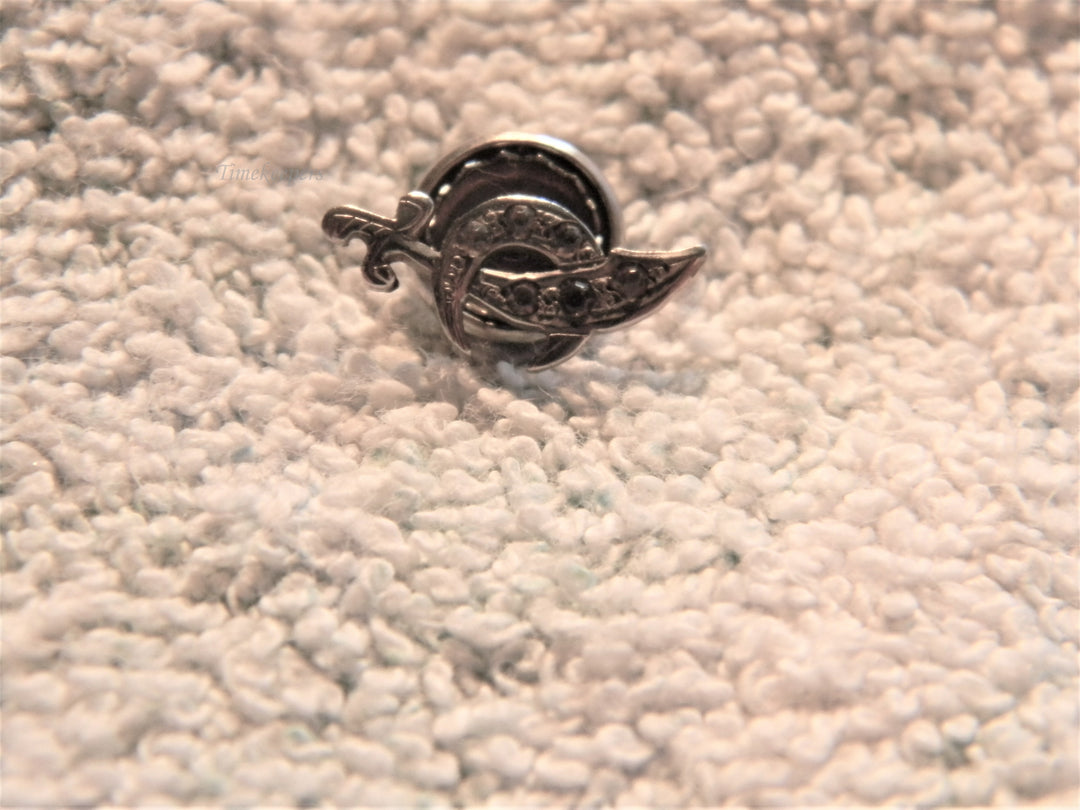 j731 Vintage Silver Tone Crescent Shriners Lapel Hat Pin with White Stones