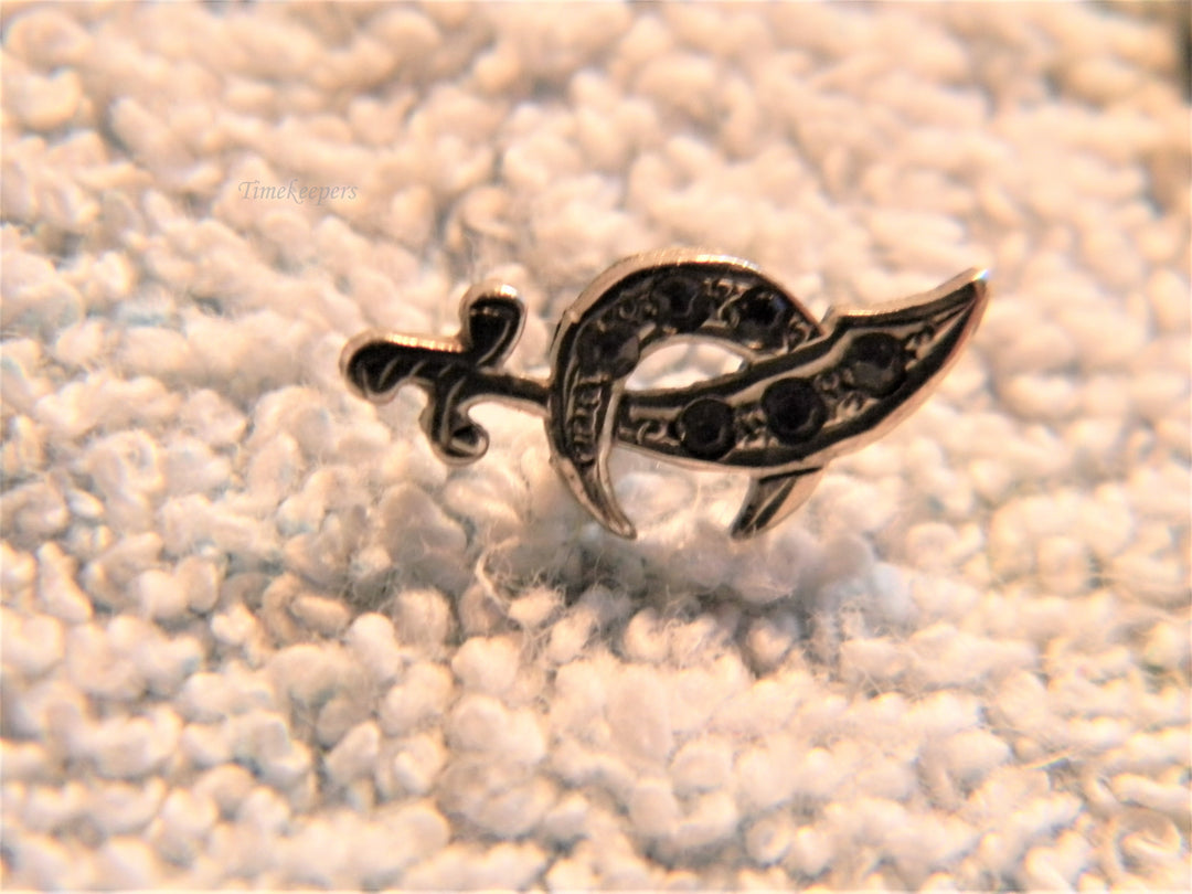 j731 Vintage Silver Tone Crescent Shriners Lapel Hat Pin with White Stones